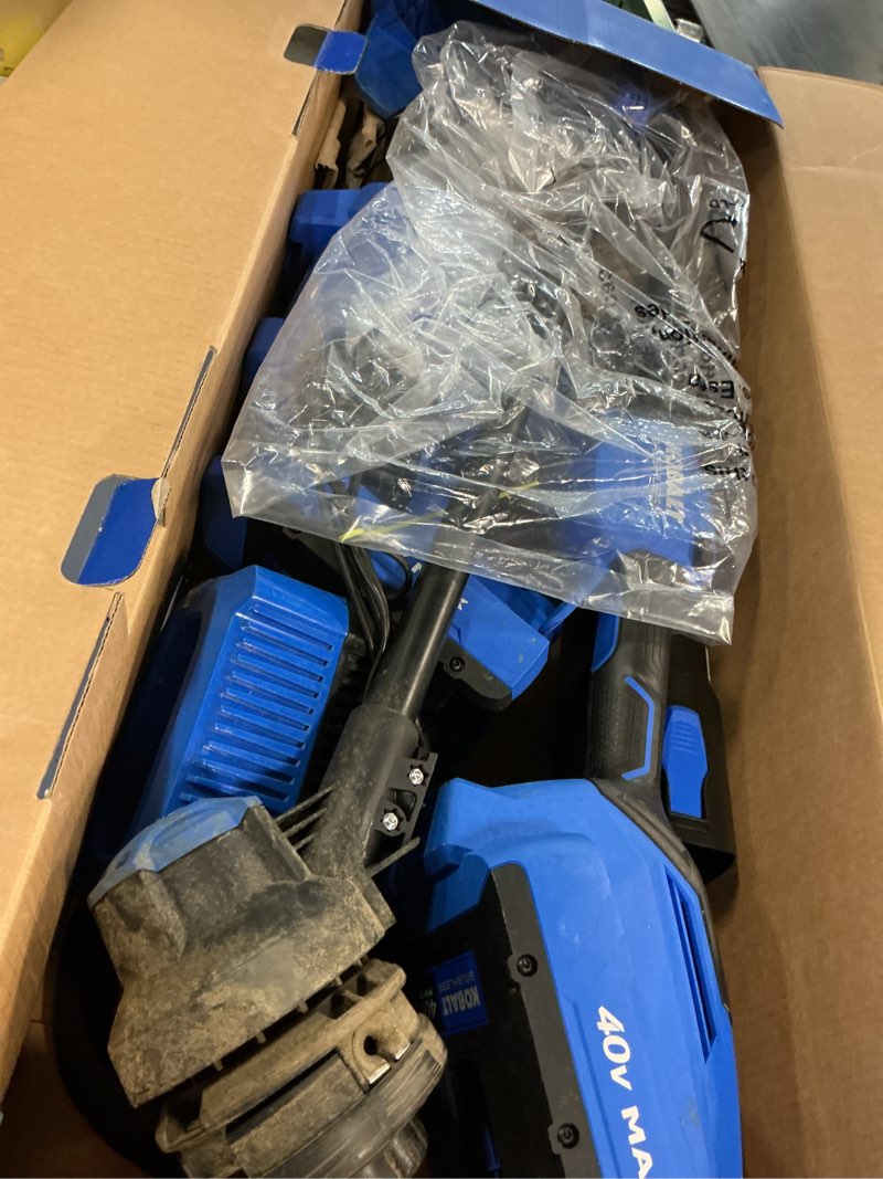 Condition photo showing As Is for kobalt gen4 40-volt cordless battery string trimmer and leaf blower combo kit 4 ah (battery & charger included)