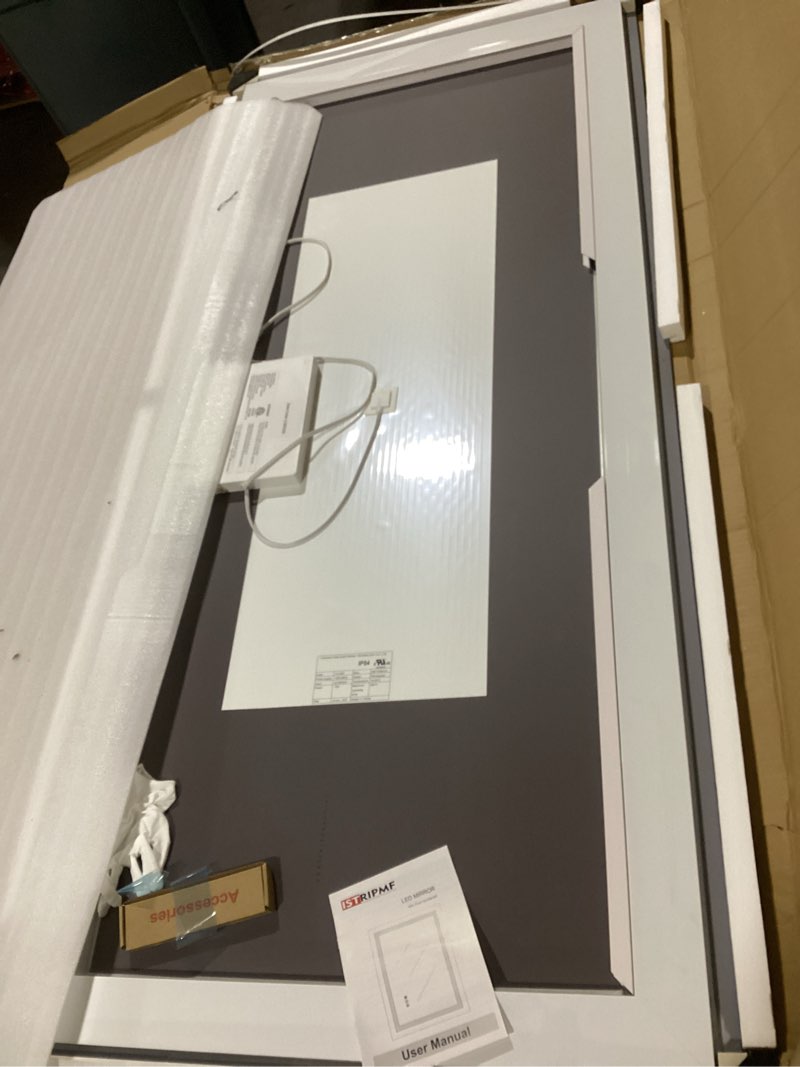 Condition photo showing Good Condition for 60x40 inch led bathroom mirror with black frame, backlit & front lit, anti-fog lighted bathroom vanity mirror for wall, memory function, dimmable, hd tempered glass, shatter-proof black frame 60"l x 40"w