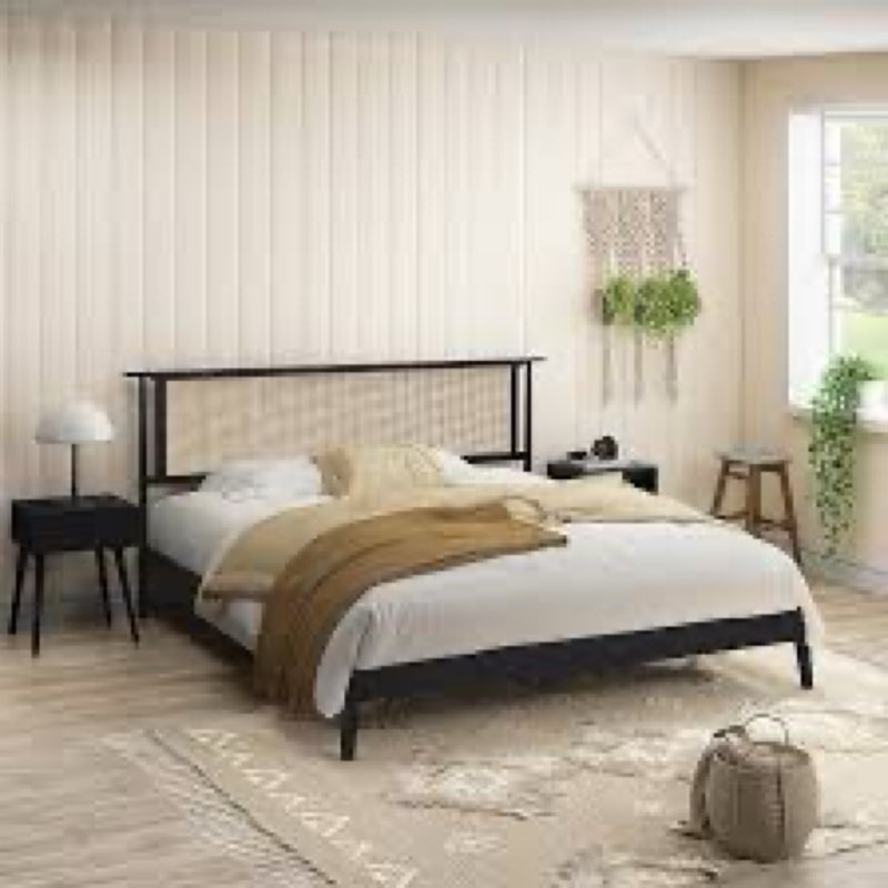 NTC Ruby Wooden Bed Frame with Headboard and Natural Rattan, Solid Oak Foundation with Silent Slats,