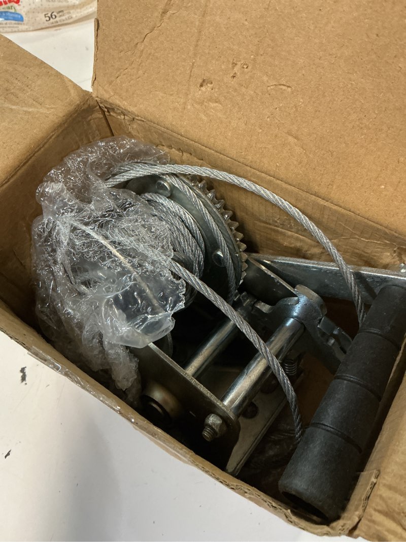Condition photo showing Good Condition for heavy duty hand winch 600lbs hand crank strap gear with 8m steel wire manual operated two-way ratchet atv boat trailer marine for trailering or loading boats personal watercraft and lawn equipment