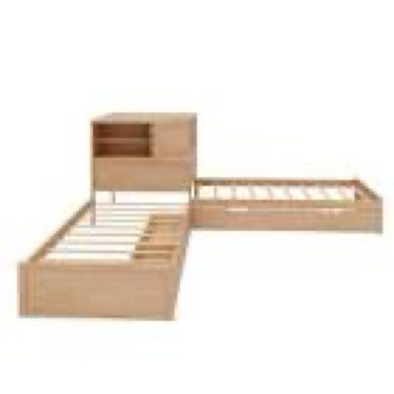 (Incomplete only 1 box) Natural (Yellow) Wood Frame Twin L-shaped Platform Bed with Trundle and Drawers Linked with Built-in Desk and LED