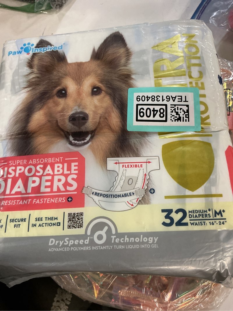 Condition photo showing New/Like New for Paw Inspired 32ct Disposable Dog Diapers | Female Dog Diapers Ultra Protection | Diapers for Dogs in Heat, Excitable Urination, or Incontinence (Medium Plus) Medium+ (32 Count)