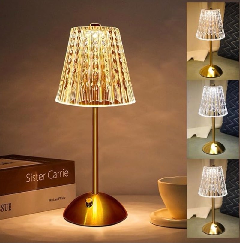 Marspeeder Metal Cordless Table Lamp Touching Control Crystal Lamp, Rechargeable Diamond Table Lamps with 3 Color Changing Light, Table Lamp Modern Style Bedside Lamp for Bedroom,Office,Bar,Wedding