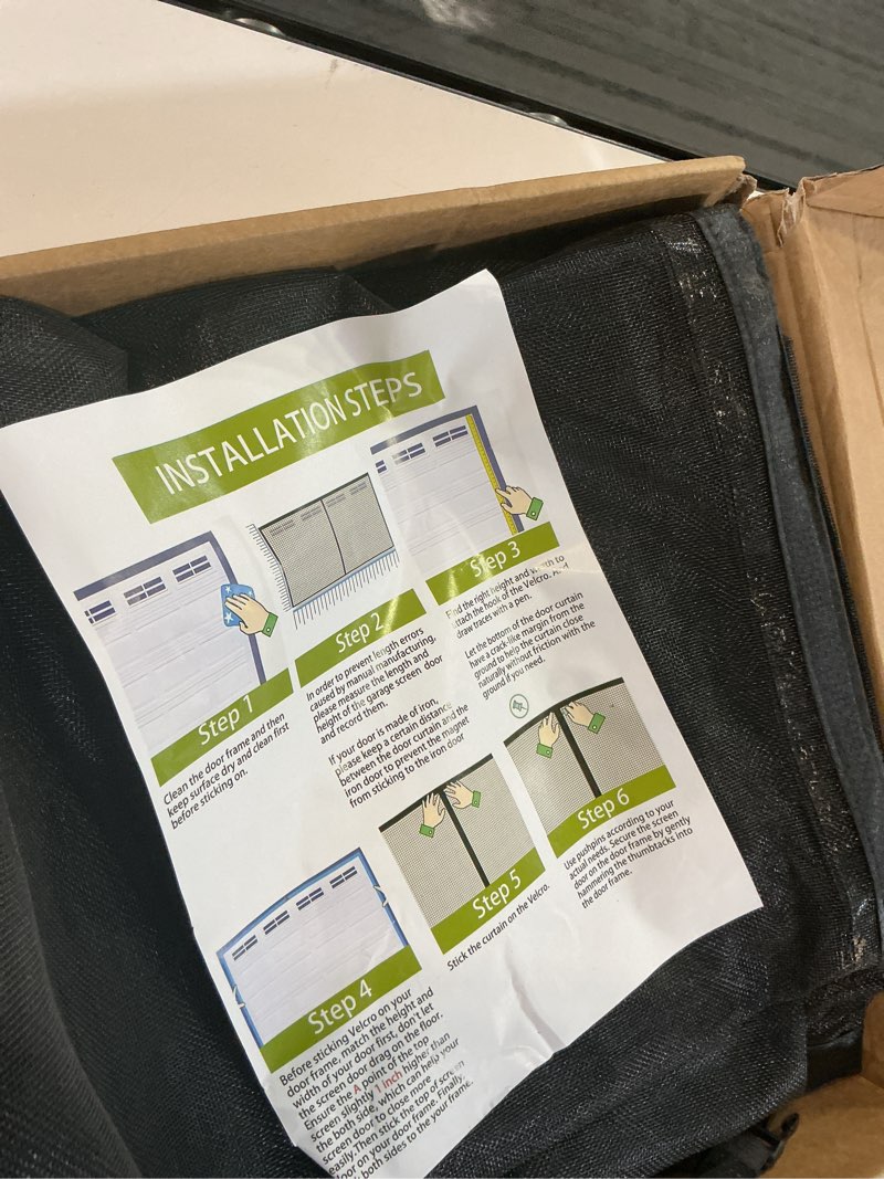 Condition photo showing As Is for garage door screen for 2 car garage 16x8ft, magnetic screen garage with retractable fiberglass mesh and heavy duty weighted bottom, easy assembly & pass, hands free screen door kit fit 16*8ft garage door