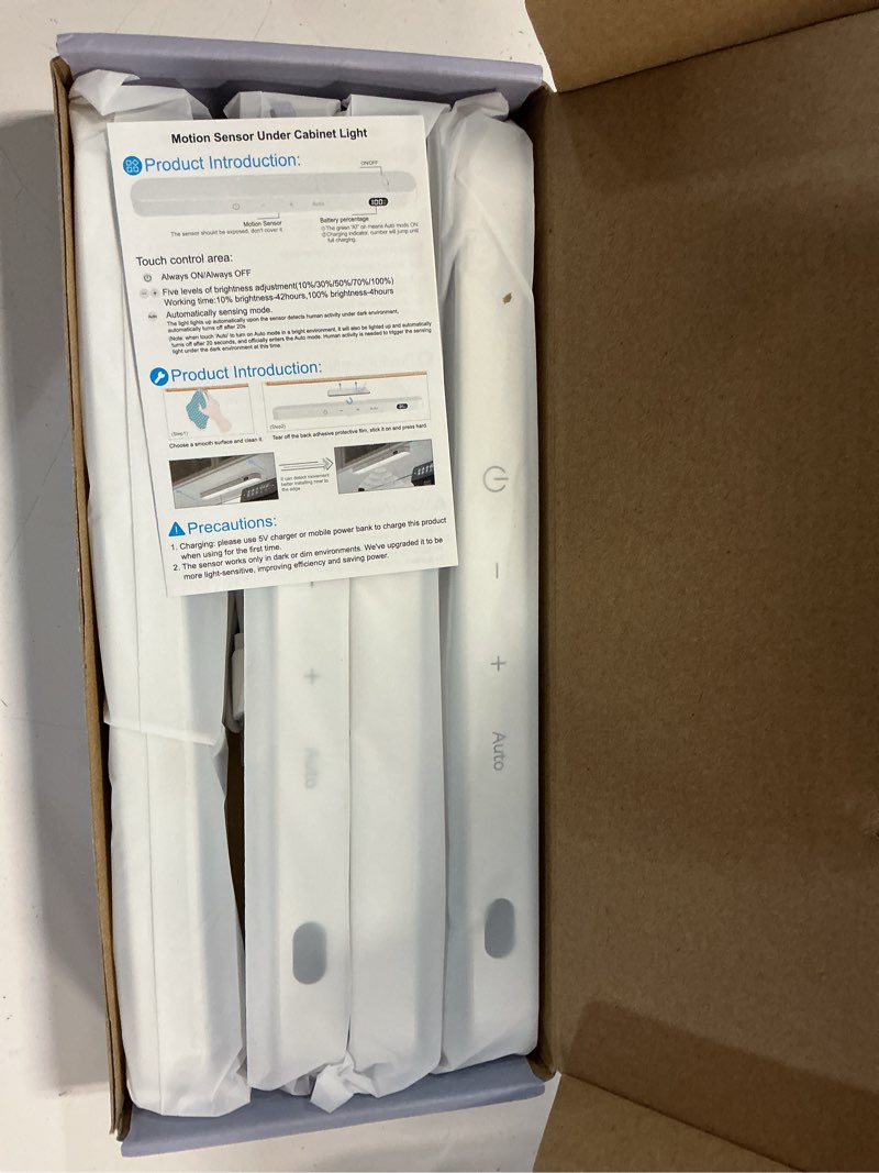 Condition photo showing New/Like New for willed motion sensor light indoor, battery display, 60 led touch light bar, under cabinet lights rechargeable, battery operated closet light wireless, stick on under counter lights for kitchen(4 pack) cool white 6000k 4 pack