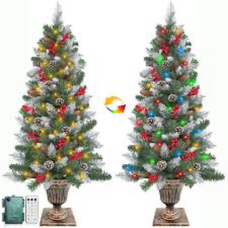 JOYHALO 4FT Outdoor Christmas Trees for Porch with 80 Warm White and Multicolor LED Lights, Pre-lit 