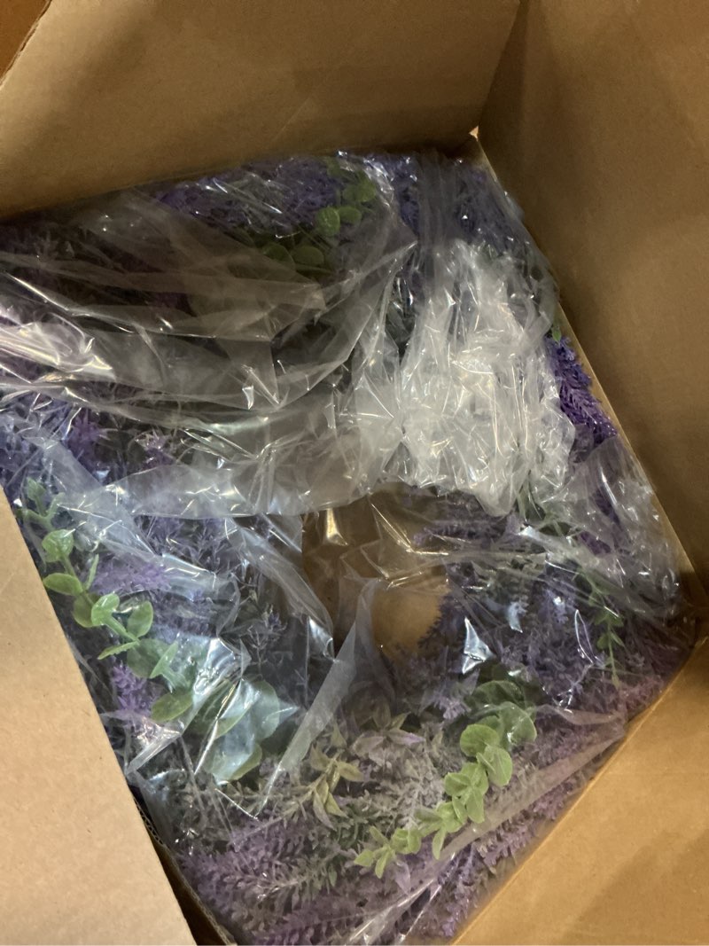 Condition photo showing Good Condition for 26" lavender & eucalyptus wreath for front door - all season artificial wreath for spring and summer, indoor outdoor wall, porch, window, rustic farmhouse home decor