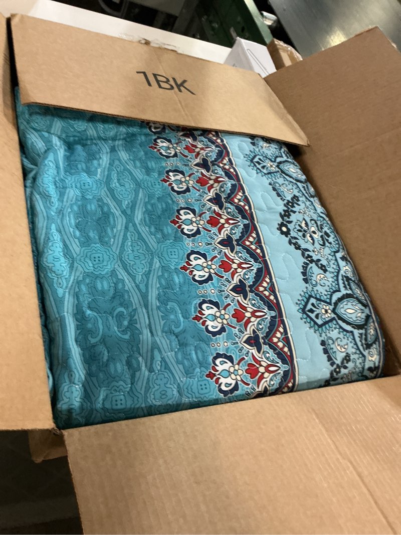 Condition photo showing As Is for WONGS BEDDING Boho King Size Quilts 3 Pieces, Teal Bedspreads Bedding Set with Floral Printed, Soft Lightweight Bedspread Bohemian Striped Quilt All Season (King, 104"x90") King(104"x90") Teal