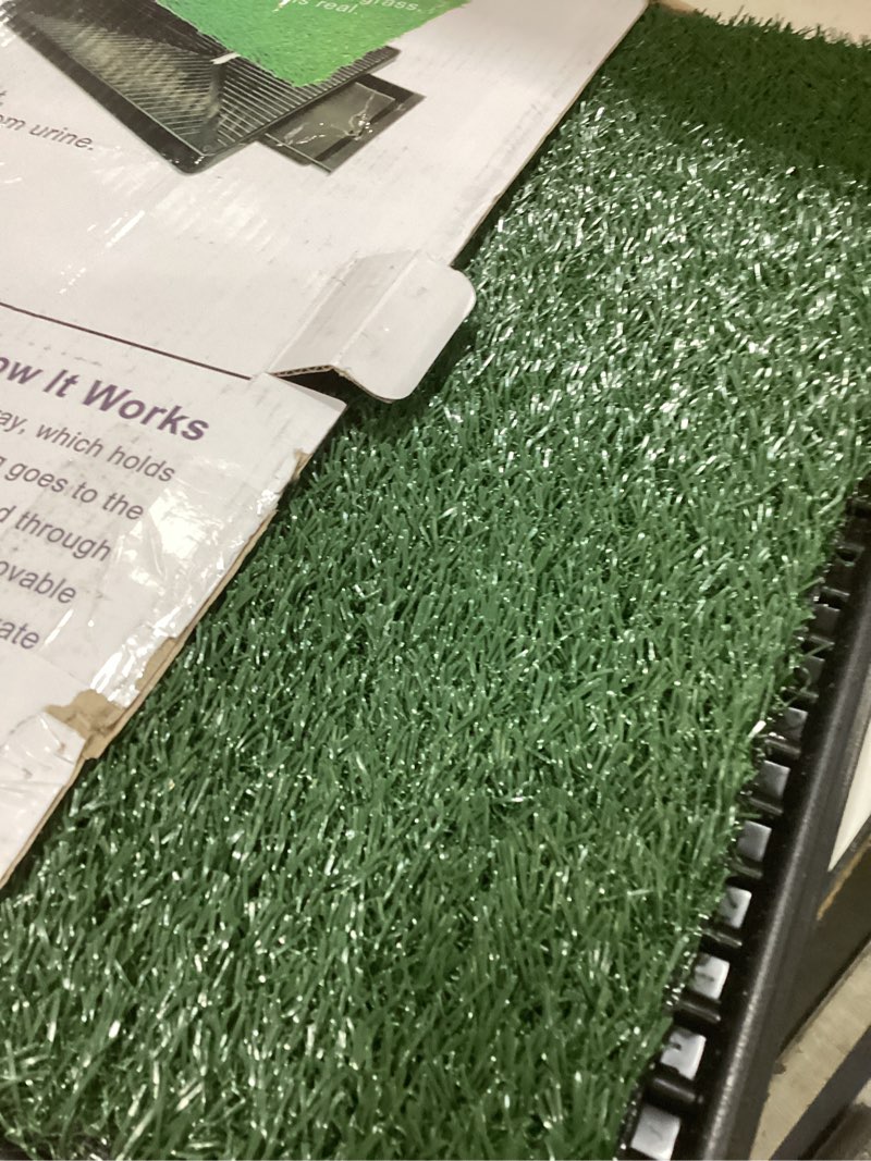 Condition photo showing Good Condition for dog grass pad with tray 25" x 20", artificial grass puppy potty training pad, reusable indoor outdoor pet toilet with drainage system, fake grass pee pad for small & medium dogs large