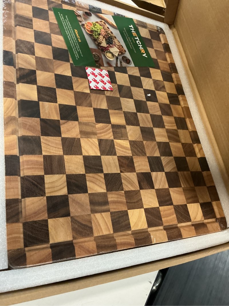 Condition photo showing Good Condition for thetchry cutting boards for kitchen, extra large chopping board for stovetop, checkered acacia wood cutting board with juice grooves, butcher block with gift box, 20" x 15" x 1"