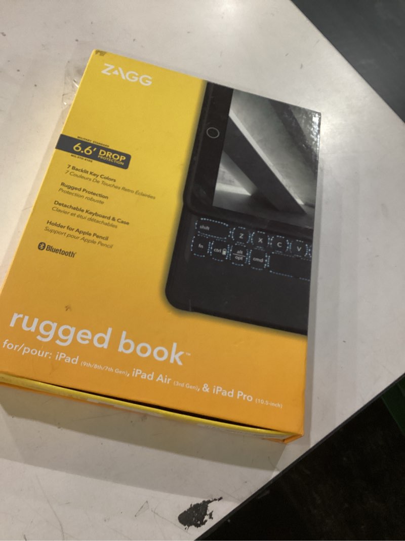 Condition photo showing As Is for zagg rugged book ipad case with detachable magnetic-hinged keyboard for ipad air 3, ipad pro 10.5" & 10.2" (9th gen), multi-device bluetooth, apple pencil holder, long-lasting battery, wireless, black ipad pro 10.5" (gen 2)/ ipad air 10.5" (gen 3)/ ipad 10.2" (gen 9, 8, 7)