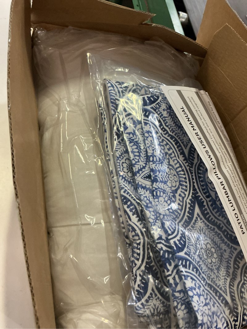 Condition photo showing Good Condition for outdoor lumbar pillows 12x20 inch, rectangle throw pillows with inserts, decorative lumbar cushions for patio furniture garden couch home sofa office chair, pack of 2,medallion blue medallion blue 12''x20''(with inserts)