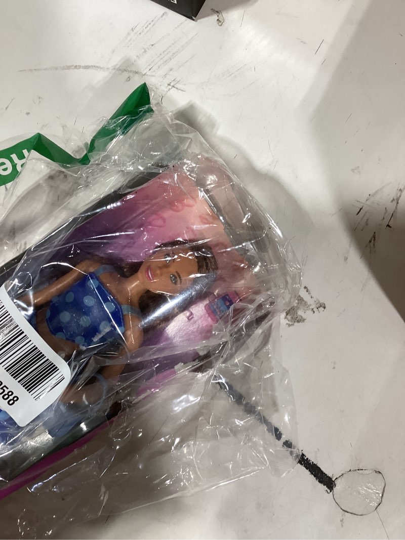 Condition photo showing Good Condition for similarly product not stock photo similar Barbie Fashionistas Doll #231 with Purple Hair, Wearing Strapless Denim Butterfly-Print Dress with Pink Belt and Boots