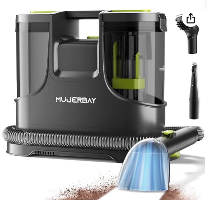  carpet cleaner, mujerbay 15kpa portable spot and stain cleaner, easy move with handle, 1.5-inch deep cleaning machine for couch, stairs, car and pet messes. green