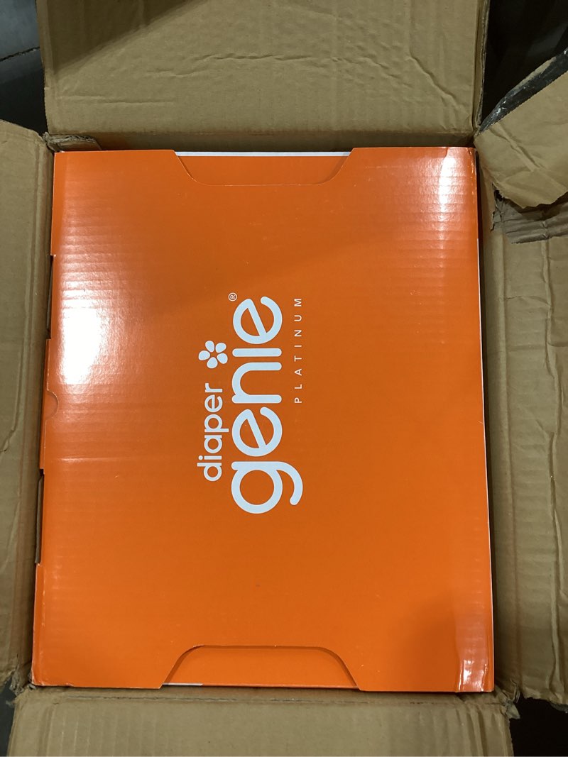 Condition photo showing As Is for Diaper Genie Platinum Pail (Lily White) is Made in Durable Stainless Steel and Includes 1 Easy Roll Refill with 18 Bags That can Last up to 5 Months.