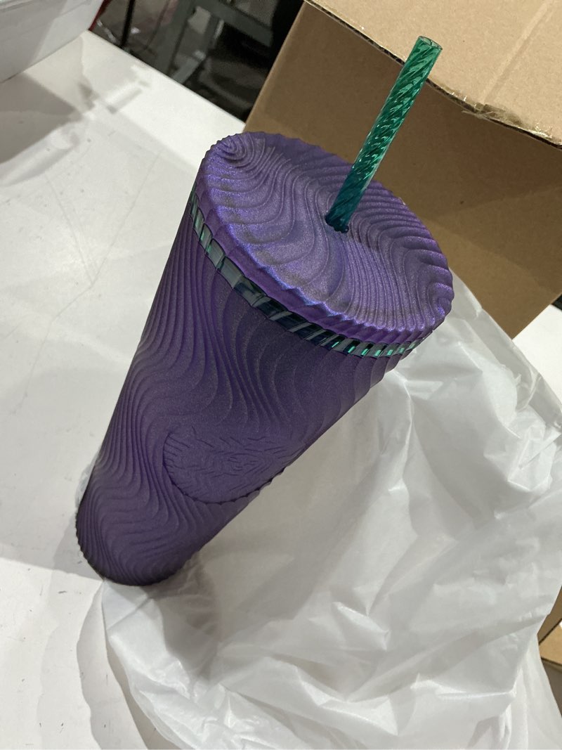 Condition photo showing New/Like New for pack of 4 starbucks wavy plastic cold cup, 24 oz, reusable tumbler with straw and lid, textured wave design, bpa-free, purple with embossed siren logo (pack of 4)