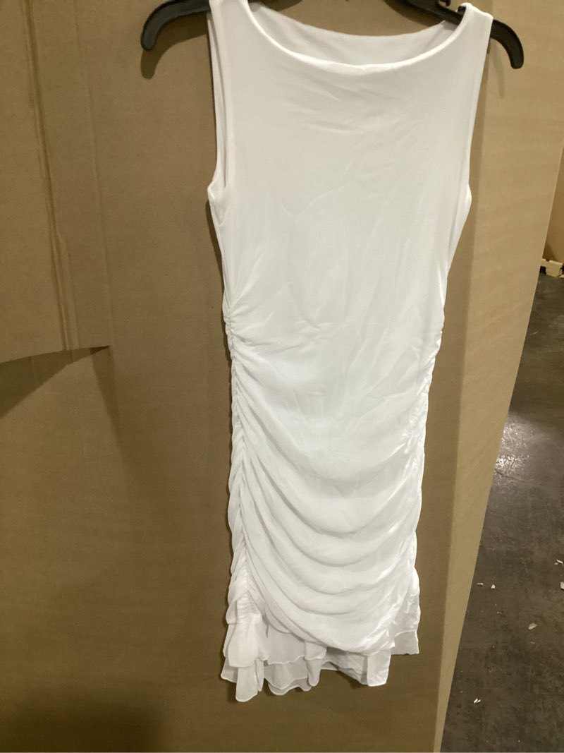 Condition photo showing Good Condition for hocille women's sexy bodycon boat neck mini dresses sleeveless ruched ruffle hem club party short dress small white
