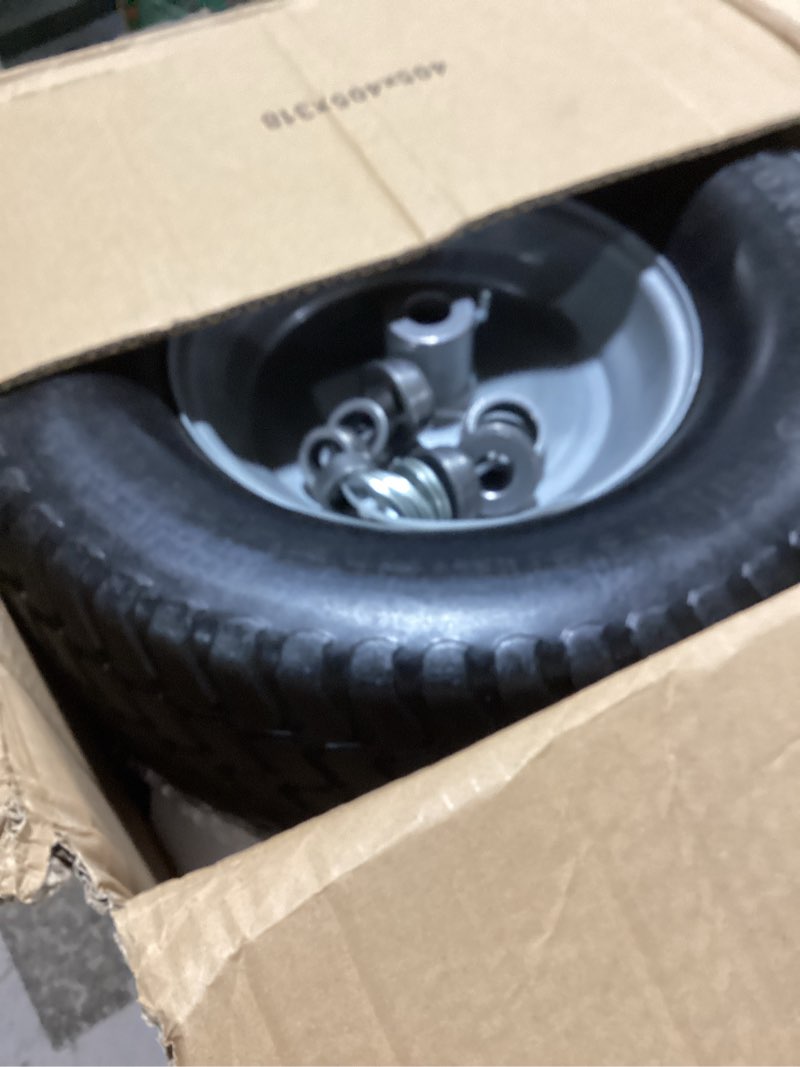 Condition photo showing Good Condition for ar-pro (2-pack) 16x6.50-8 flat-free tire and wheel assemblies, relacement 16x6.5-8 solid turf tire with rim for garden tractor riding lawn mowers, 3" offset hub and 3/4" bushings 16 x 6.50-8" flat-free (offset hub) silver
