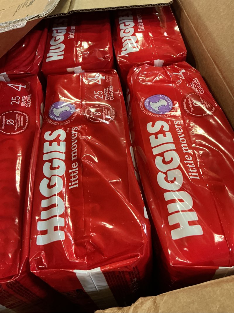 Condition photo showing New/Like New for huggies size 4 diapers, little movers baby diapers, size 4 (22-37 lbs), 150 count (6 packs of 25), packaging may vary size 4 150