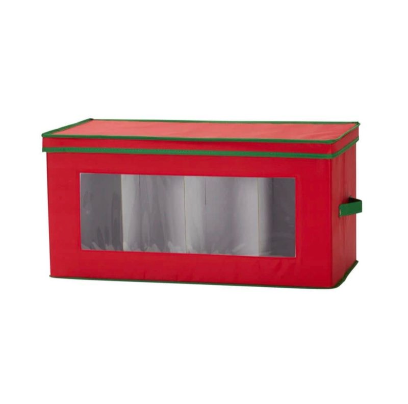 household essentials holiday figurine storage box  windowed storage with lid  8 storage compartments  double handles  red with green trim