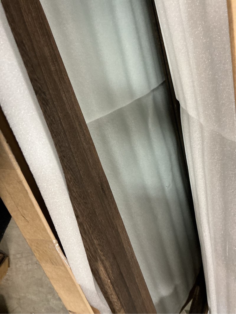 Condition photo showing As Is for Arched Full Length Mirror with Solid Wood Frame, 65x22 Farmhouse Wall Mounted Floor Mirror with Stand, Vertical Hanging, Leaning Standing for Bedroom, Living Room, Brown Rustic Brown 65"L x 22"W