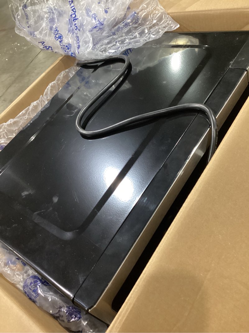 Condition photo showing As Is for emerson 1.2 cu. ft. microwave oven with inverter, timer & led display, 1000w, 10 power levels, 8 pre-programmed settings, removable glass turntable with child safe lock, mwi1212ss, stainless steel