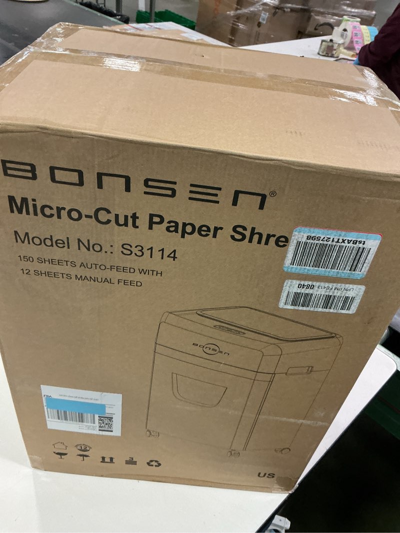 Condition photo showing New/Like New for BONSEN 150-Sheet Autofeed Paper Shredder for Office, 60 Mins Heavy Duty Micro-Cut Shredders for Home Office Use, P-4 High Security Commercial Document Shredder with 6 Gal Large Capacity Bin (S3114) 150-Sheet Auto Feed