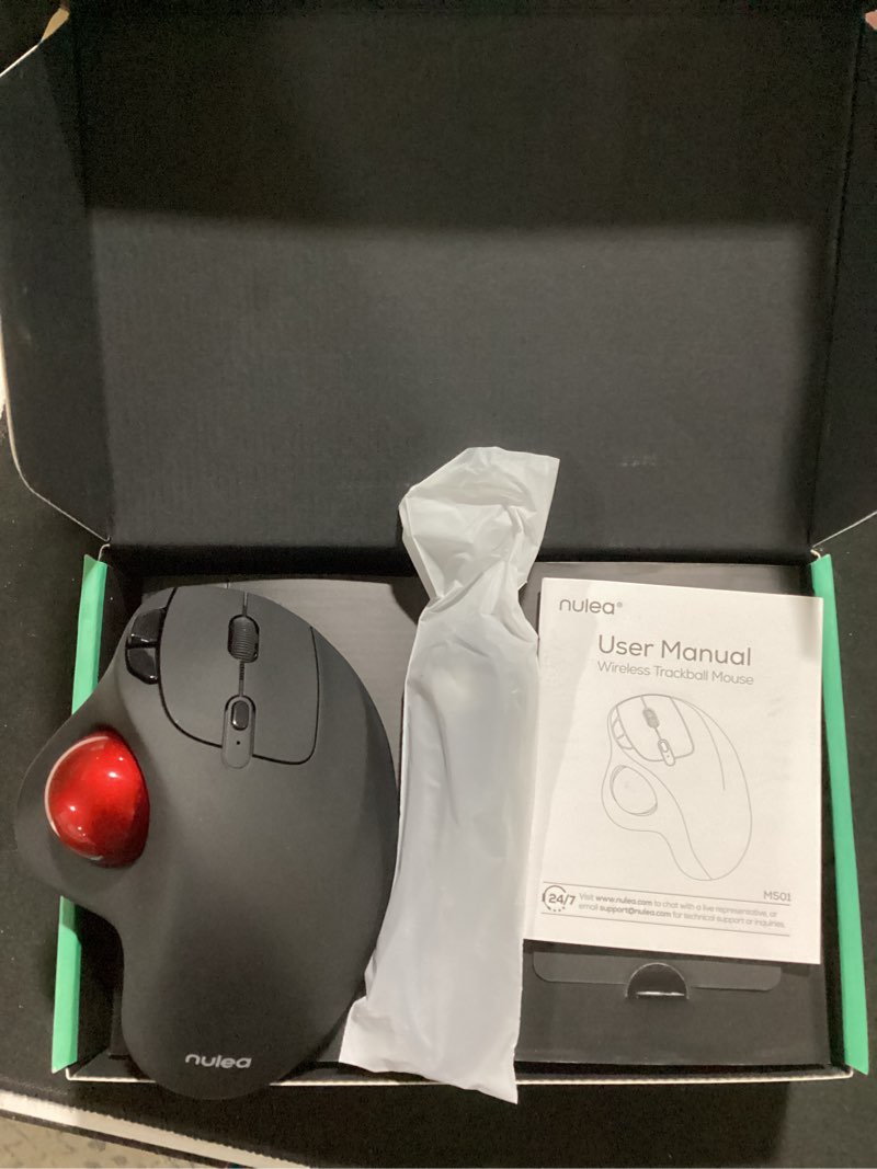 Condition photo showing New/Like New for nulea m501 wireless trackball mouse, rechargeable ergonomic, easy thumb control, precise & smooth tracking, 3 device connection (bluetooth or usb receiver), compatible for pc, laptop, mac, windows. a-red