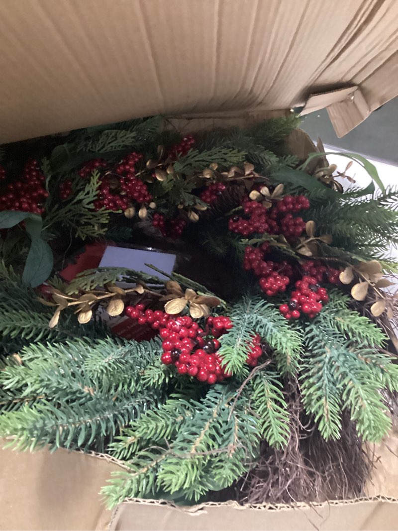 Condition photo showing As Is for 26” Christmas Wreath with Hanger Lights for Front Door Outdoor Evergreen Fir Berry Clusters Pine Cones Winter Décor Indoor Wall Decorations