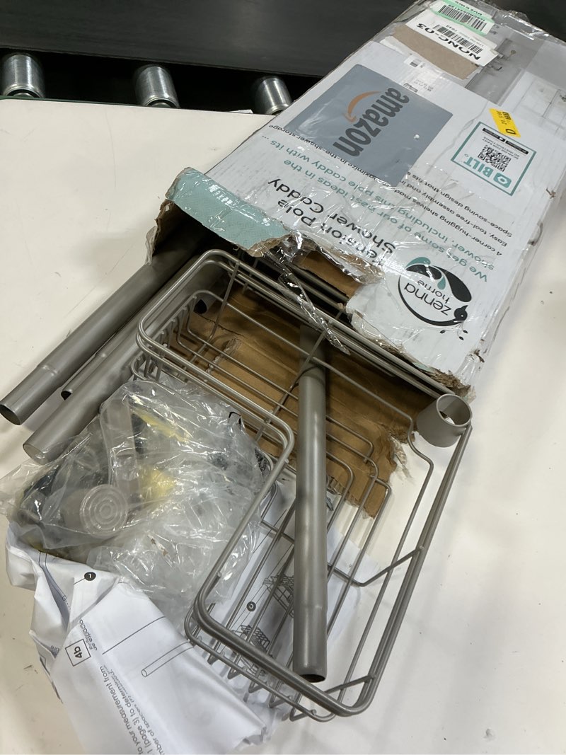 Condition photo showing As Is for Zenna Home Tension Pole Shower Caddy Corner Organizer, Adjustable Standing Shower Caddy with 4 L-shaped Baskets and Hooks, Rust Resistant Bathroom Tension Rod Organizer, 60 to 97 Inch, Satin Nickel