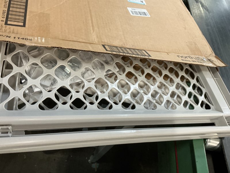 Condition photo showing As Is for mypet universal pet gate: 26” - 42” wide dog gate for doorways with pressure fit or swinging door hardware mounting types included: 26" tall; gray