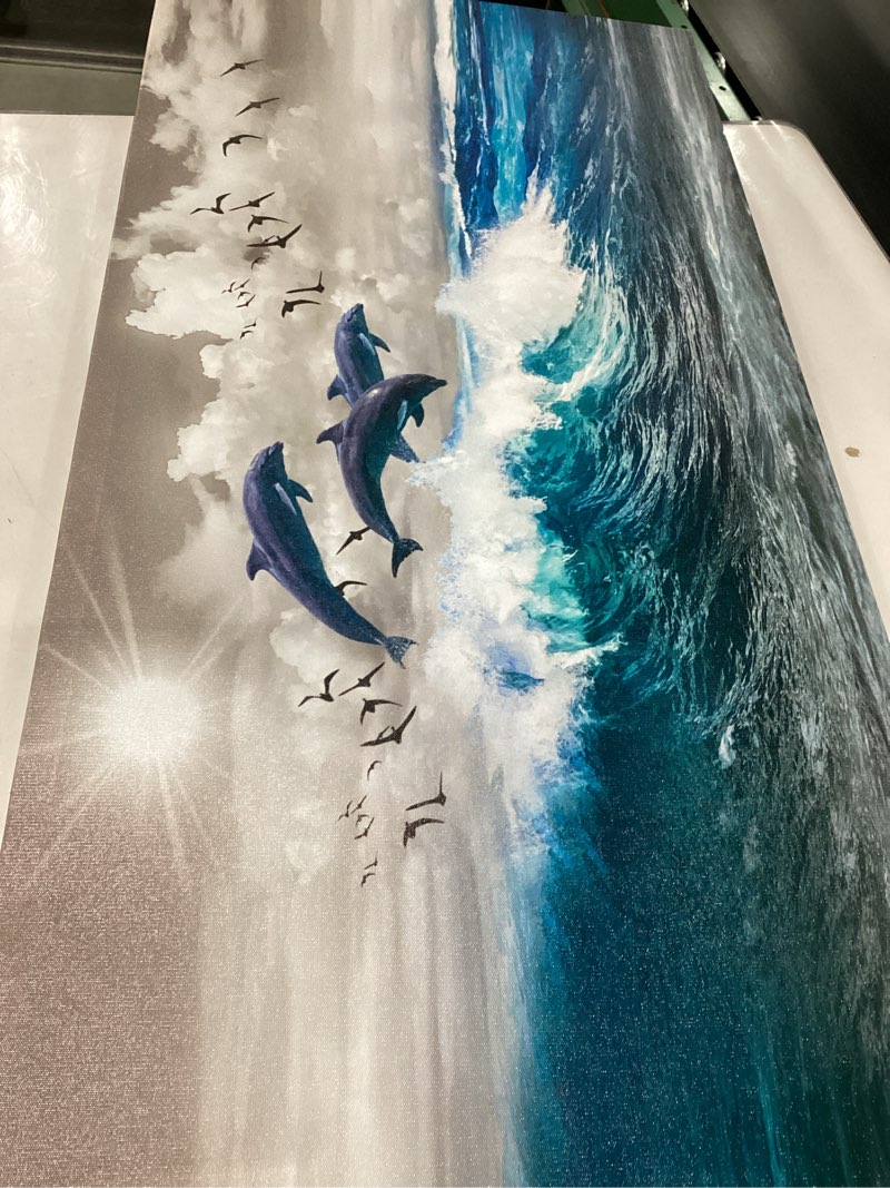 *similar to stock photo except smaller than actual product* 3 Dolphins jumping in the water canvas