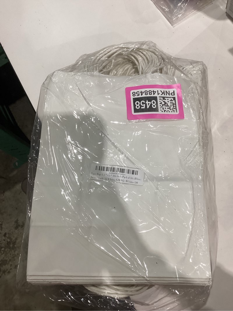 Condition photo showing New/Like New for BAG BOX 50 Pack 8.25x4.3x10.6 Inch White Gift Bags with Handles,Bulk Kraft Paper Bags for Shopping, Retail, Merchandise, Wedding, Party Favors, Paper Grocery Sacks