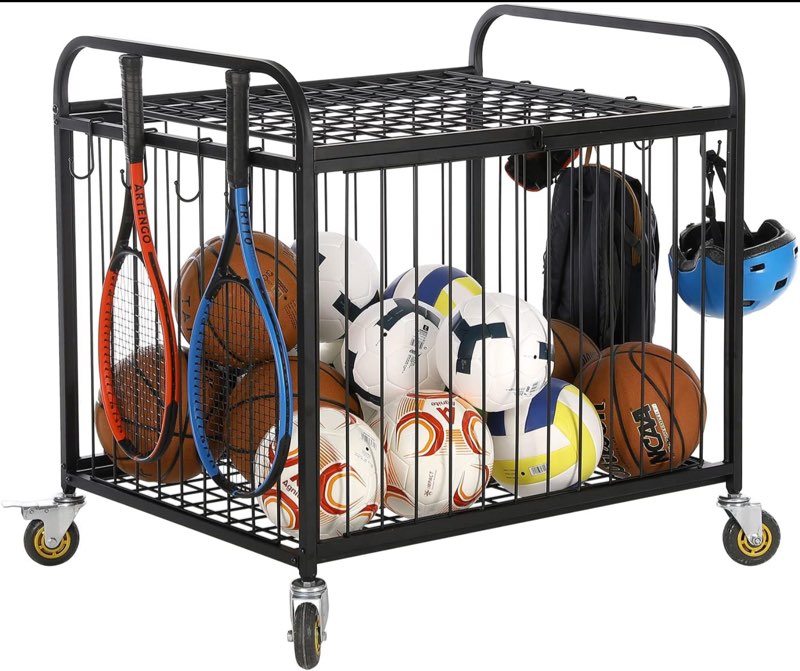 MyGift Black Metal Rolling Multi Sports Ball Cage Storage Hopper - Gym Equipment Basket Cart with Lockable Latch, Caster Wheels, and 8 Accessory Hook