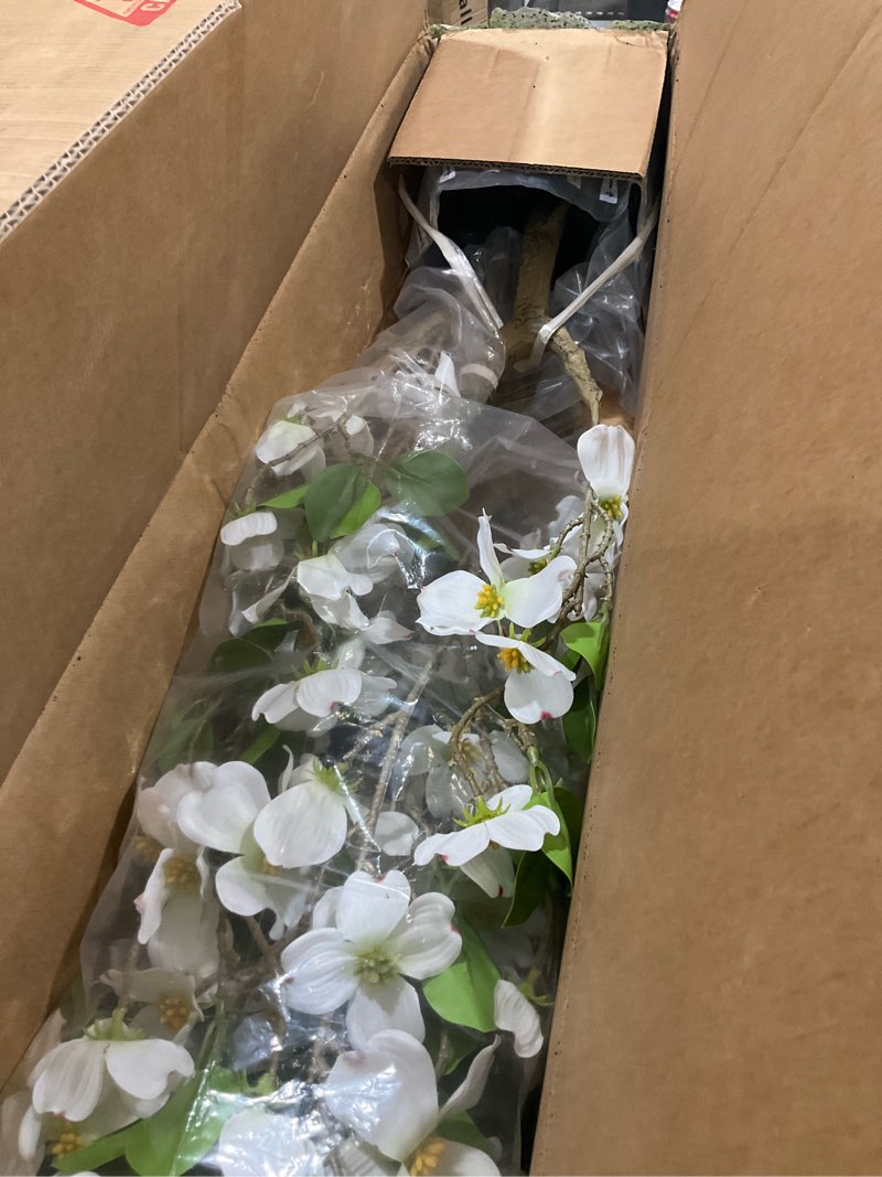 Condition photo showing Good Condition for artificial dogwood flower tree 4ft | faux blooming dogwood tree with realistic white flowers, potted fake tree for home, office, living room & indoor decor