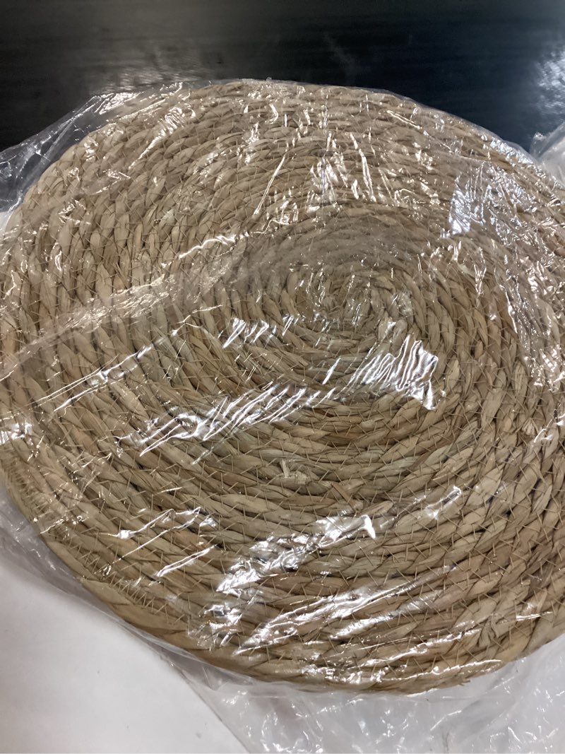 Condition photo showing New/Like New for 13 in round woven placemats plate chargers set of 10, boho farmhouse rustic woven place mats for dining table decor, rattan wicker table mats jute braided chargers for dinner plates natural color 13 inch set of 10