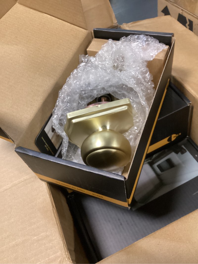 Condition photo showing New/Like New for 6 pack gold door knobs with camelot trim,interior door knob with lock,coastal door knob for hall & closet, satin brass 6 passage satin brass