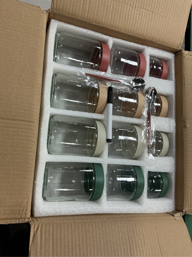 Condition photo showing New/Like New for 12pack overnight oats containers with lids, 16oz, 8oz & 4oz glass jars with airtight lids, wide mouth mason salad jars, glass food storage containers for yogurt chia pudding snacks cereal & spices