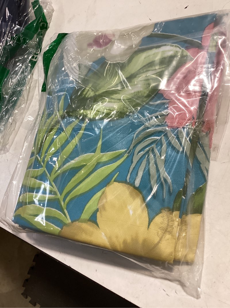 Condition photo showing Good Condition for elegant tropical rainforest blossoming orchids floral on blue vinyl flannel back tablecloth (52" x 70" oblong) 70" x 52" (oblong)