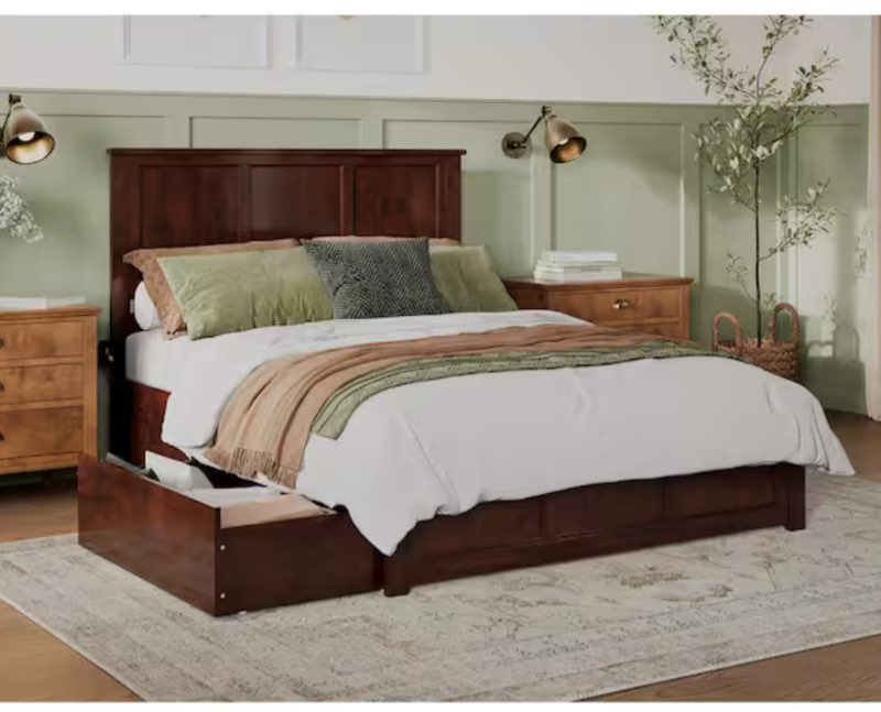 Madison Walnut Queen Platform Bed with Matching Foot Board with 2-Urban Bed Drawers ( only 1 box ) 