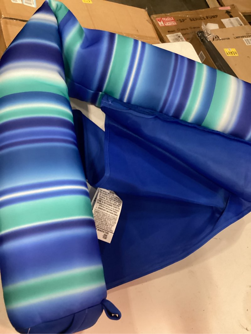 Condition photo showing New/Like New for big joe noodle sling, no inflation needed, pool float with armrests, quick draining fabric, cup holder blurred blue noodle sling