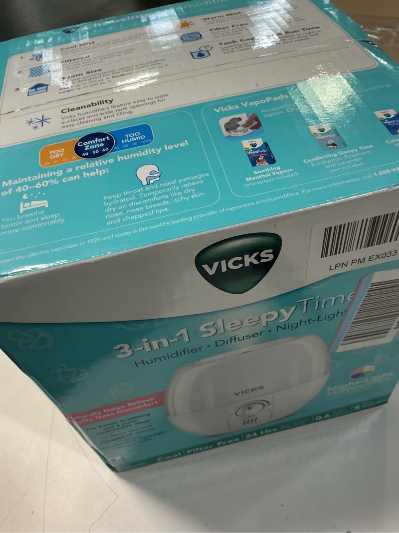 Condition photo showing Good Condition for Vicks 3-in-1 SleepyTime Humidifier, No. 1 Brand Recommended by Pediatricians*. Cool Mist Humidifier with Night-Light, and Essential Oil Diffuser for Baby and Kids rooms. Visible Cool Mist, White.