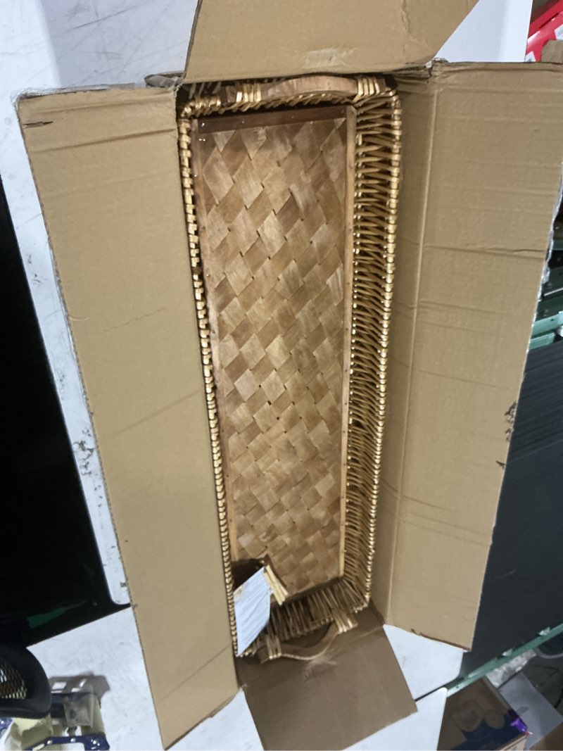 Condition photo showing Good Condition for 38" extra long handwoven decorative tray with wood base and handles | handwoven decorative tray with a sturdy wood base, perfect for dining tables and seasonal centerpieces