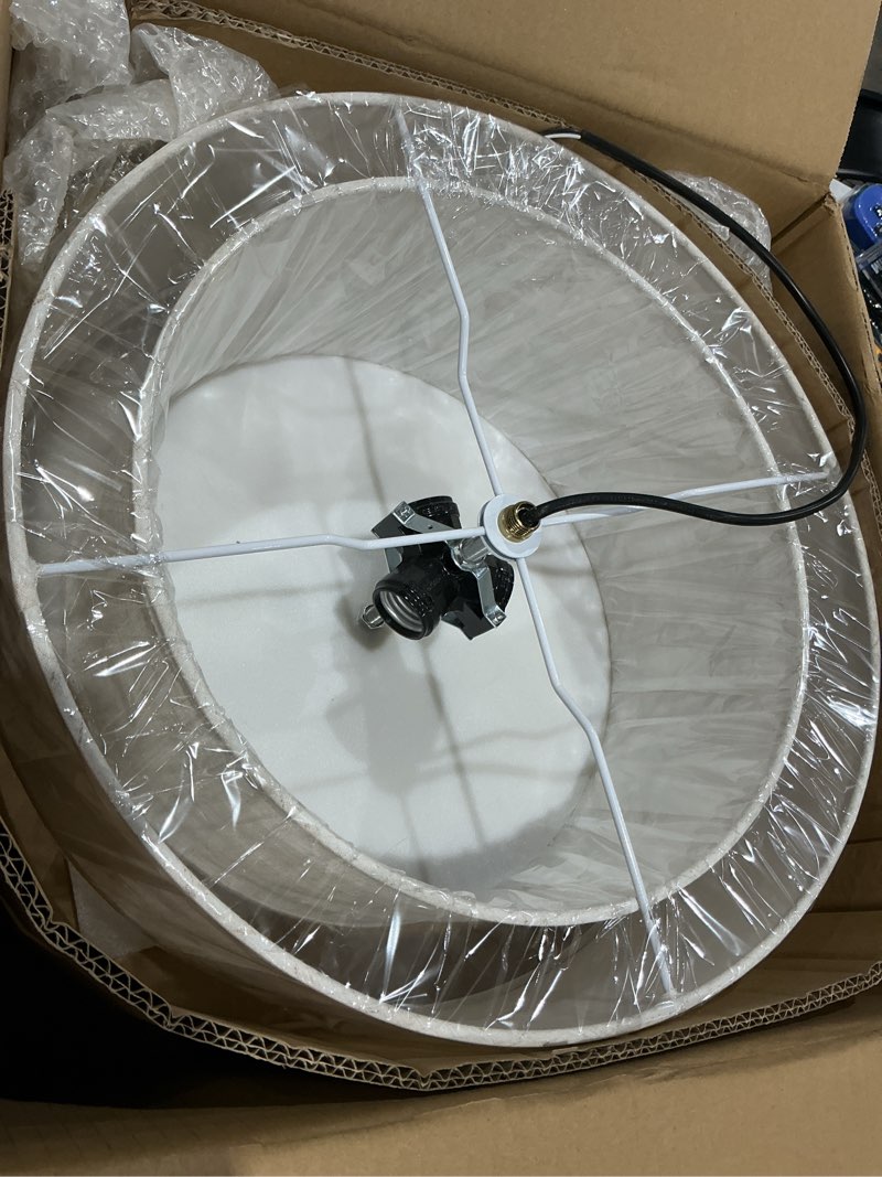 Condition photo showing Good Condition for calokes 16" double drum gold 3-light semi flush mount ceiling light, classic fabric linen shade design for living room, bedroom, kitchen, dining room, hallway and entryway