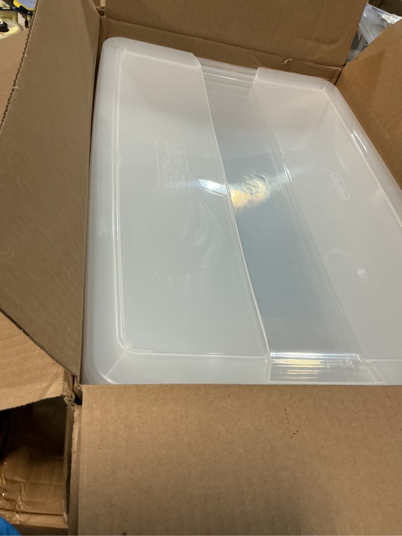Condition photo showing Good Condition for sterilite 32 qt clearview latch storage box, stackable bin with latching lid, plastic container to organize clothes underbed, clear base, lid, 6-pack 6 pack 32 quart