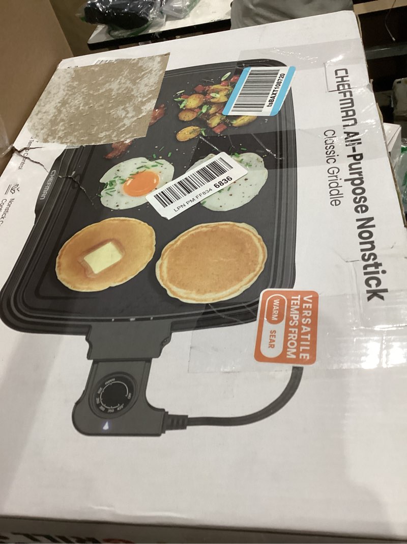 Condition photo showing New/Like New for Chefman Electric Griddle with Removable Temperature Control, Immersible Flat Top Grill, Burger, Eggs, Pancake Griddle, Nonstick Easy Clean Cooking Surface, Slide Out Drip Tray, 10 x 16 Inch 10" x 16"