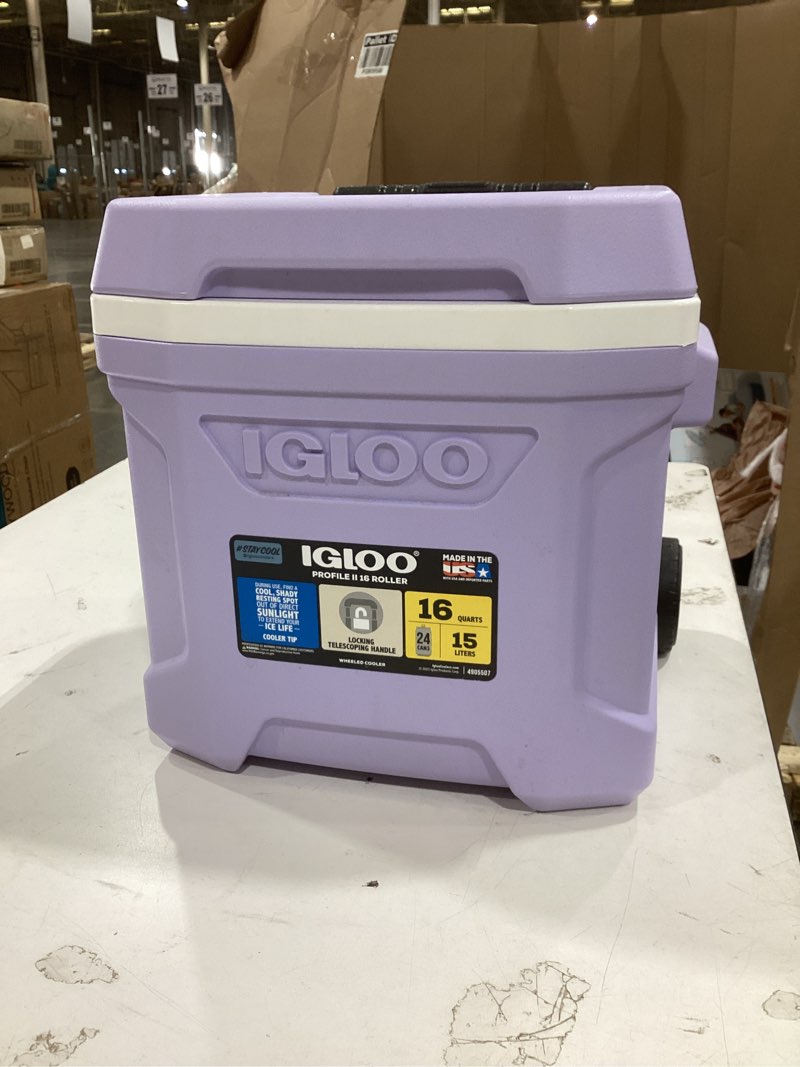 Condition photo showing As Is for igloo profile 16qt rolling cooler - lilac