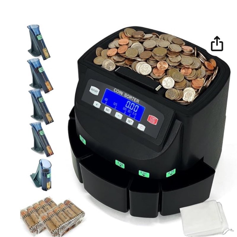 USD Coin Counter Machine with LCD Display,Coin Sorter and Wrapper Machine,Sorts 1?5?10?25?$1 up to 300 Coins/min,2000-coin Capacity,Business Grade,5 Bins&5 Tubes,Automatic Wrapper (Inky Black)