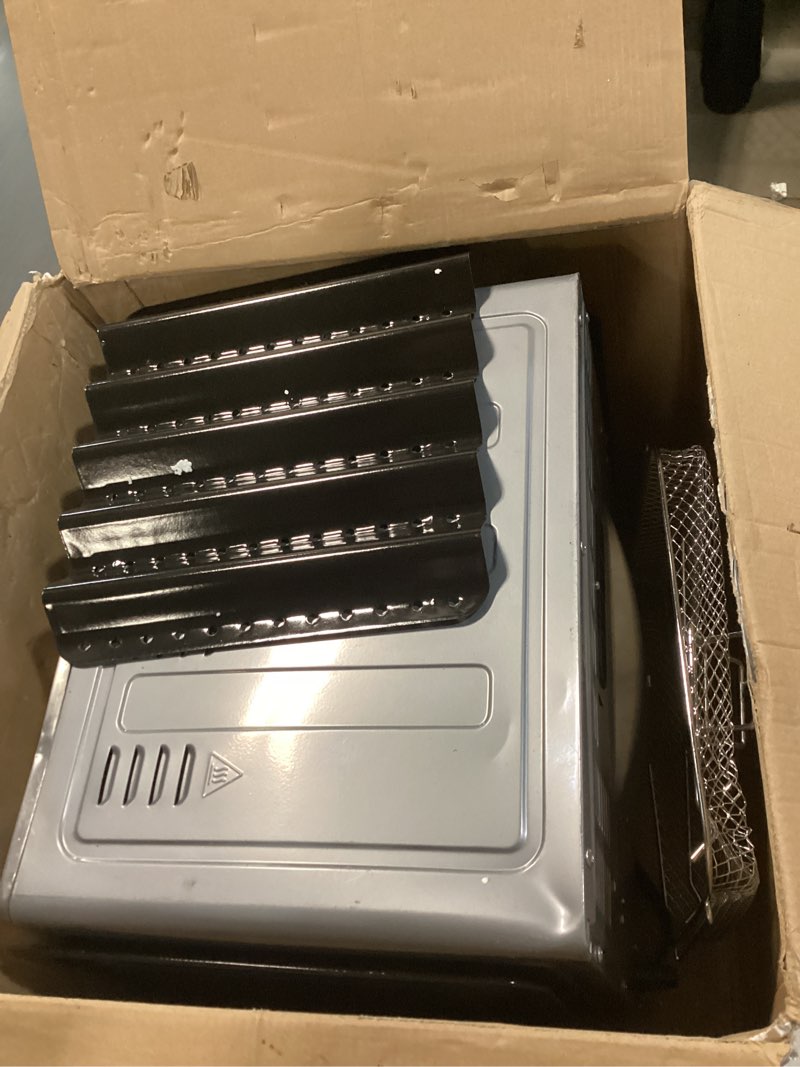 Condition photo showing As Is for kalorik maxx air fryer oven, 26 quart 10-in-1 countertop toaster oven & air fryer combo - fry, bake, roast, rotisserie, & more, large glass french doors & 9 accessories, 1700-watts, stainless steel