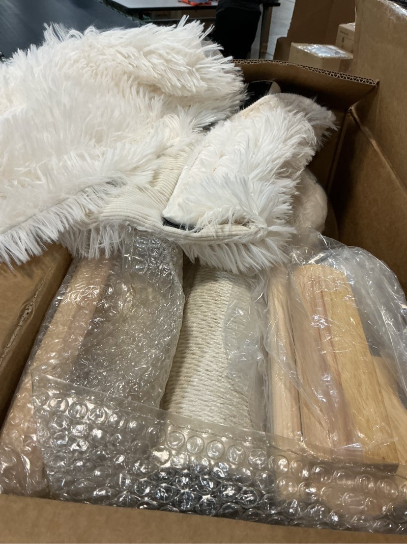 Condition photo showing As Is for hittite solid wood cat tree tower with scratching post, 53 inches tall cat towers with scratching board and scratcher ball, modern cat tower with space capsule and removable top bed for indoor cats white 53in